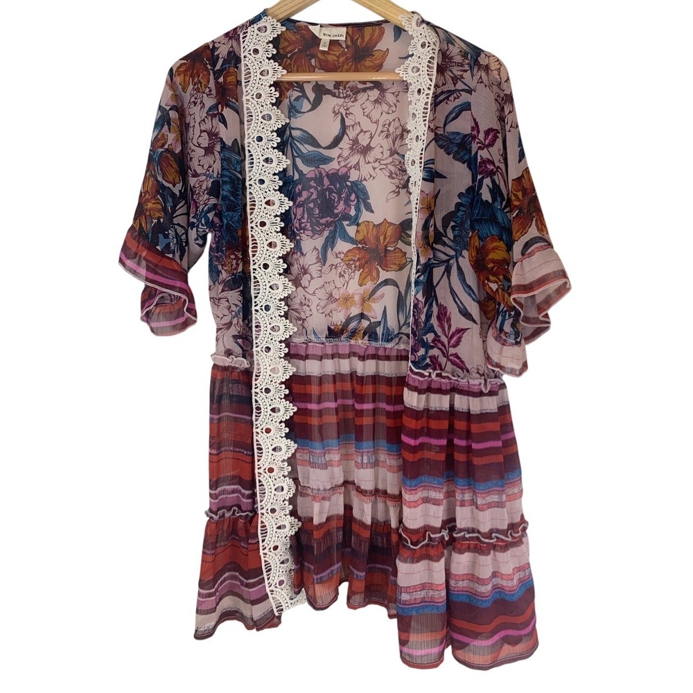 Tru Self Floral Striped Lace Trim Kimono Small‎ Boho Festival Cottagecore Women - Picture 2 of 6